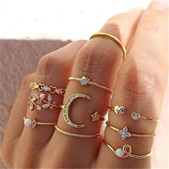 Gold Stackable Rings Set | Moon, Star, Pearl & Boho Knuckle Rings - Picture 2 of 4